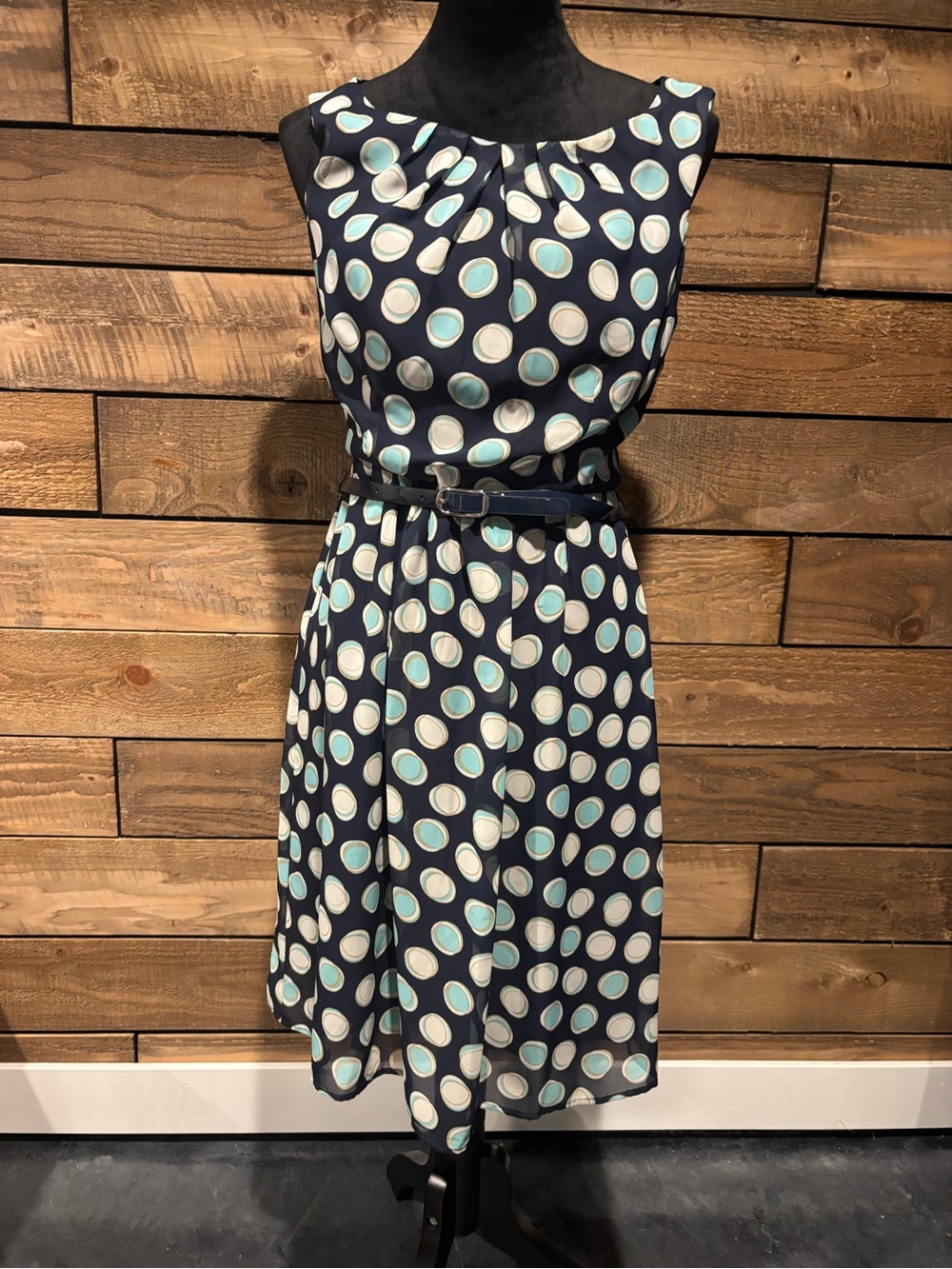 Sleeveless Navy Polka Dot Fit & Flare Dress